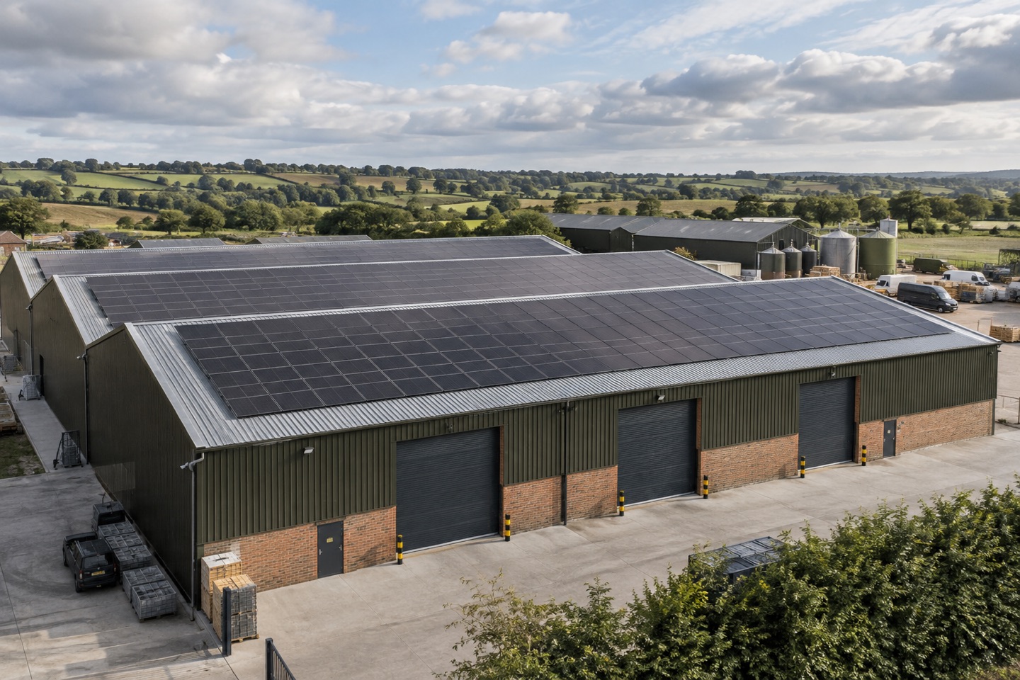 Large black solar array on a working British agricultural or commercial building