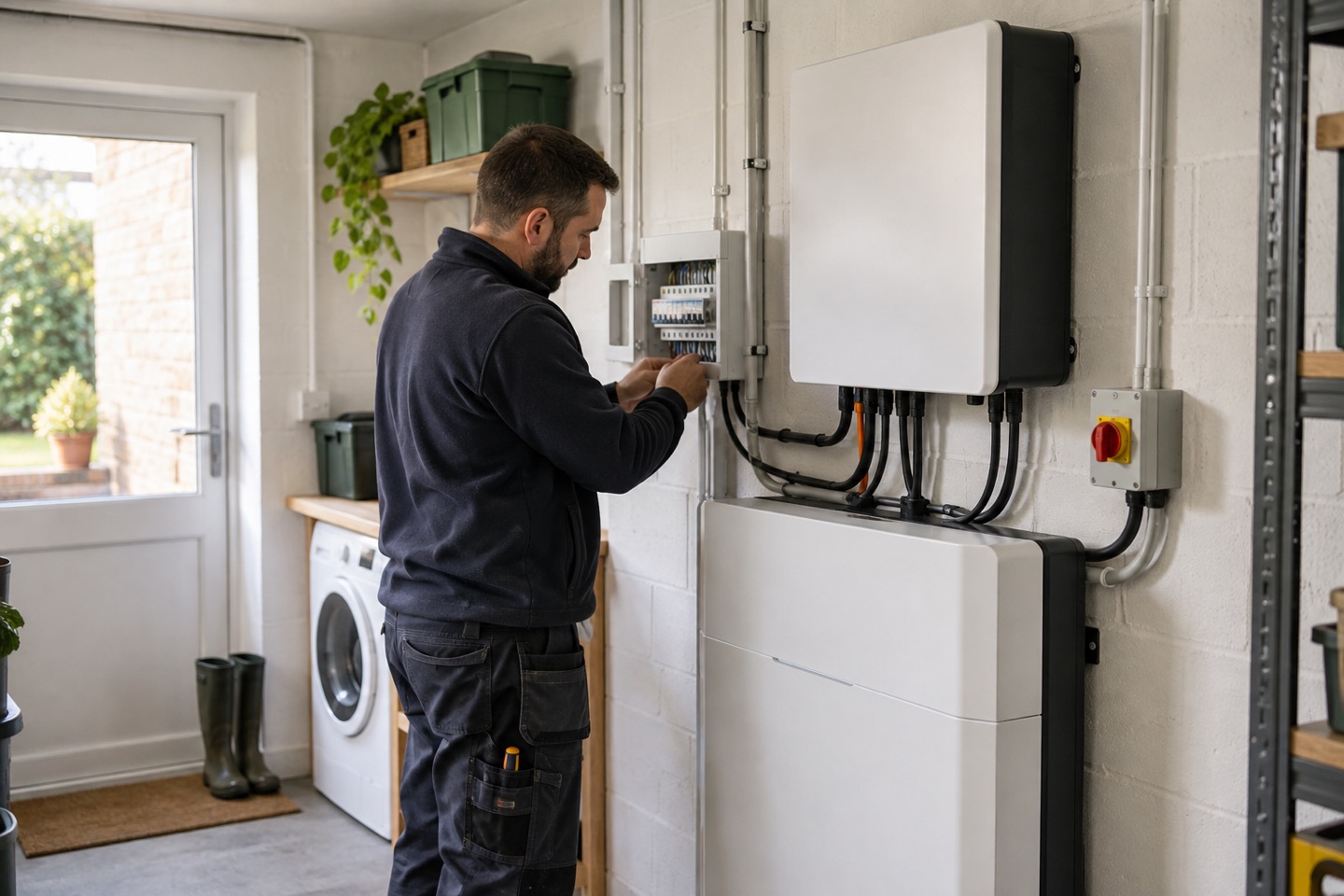 Installer checking a wall-mounted home battery and electrical equipment in a British utility room