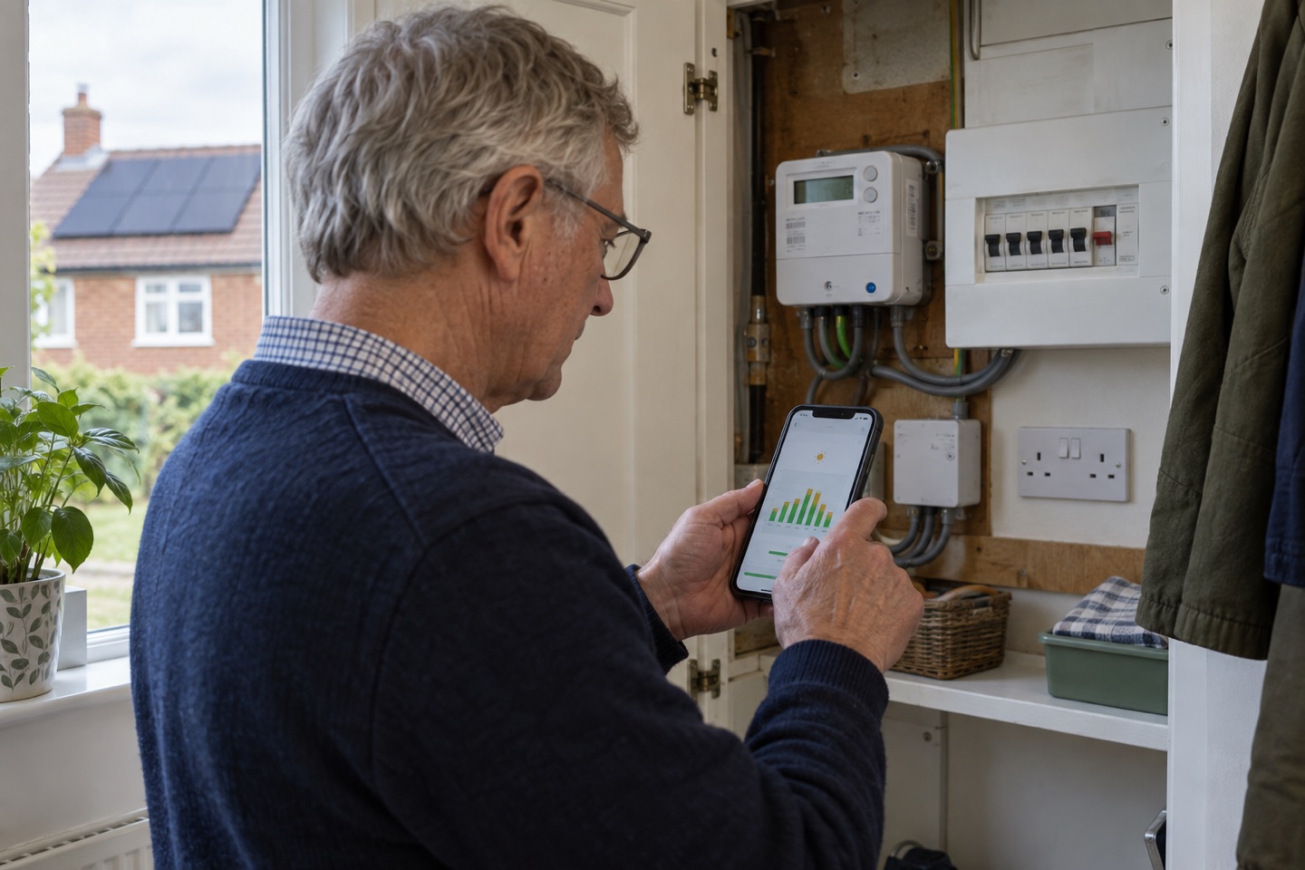 Older British homeowner checking solar export information beside a smart meter and consumer unit