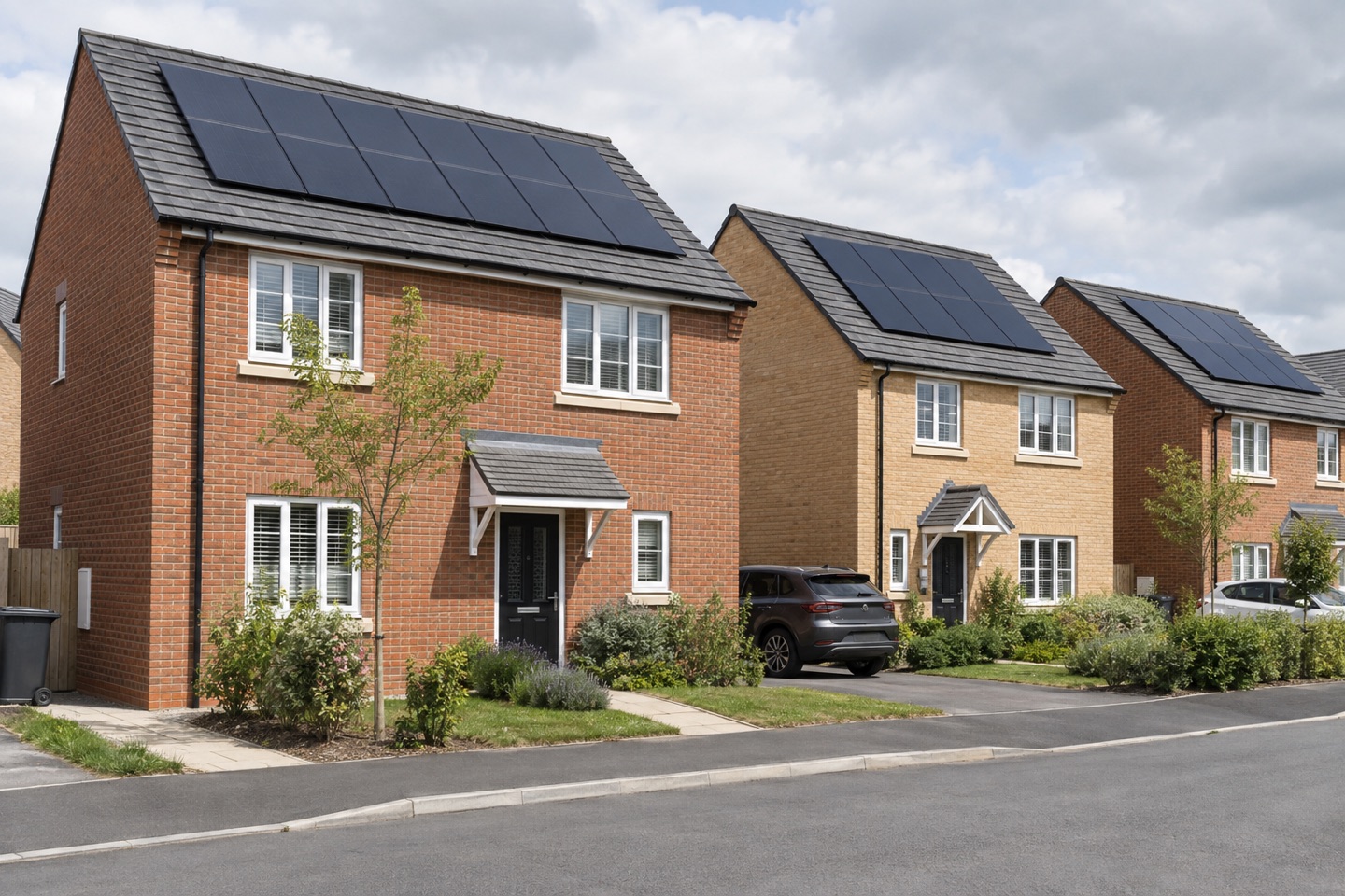 Modern British brick new-build homes with neatly fitted black rooftop solar panels