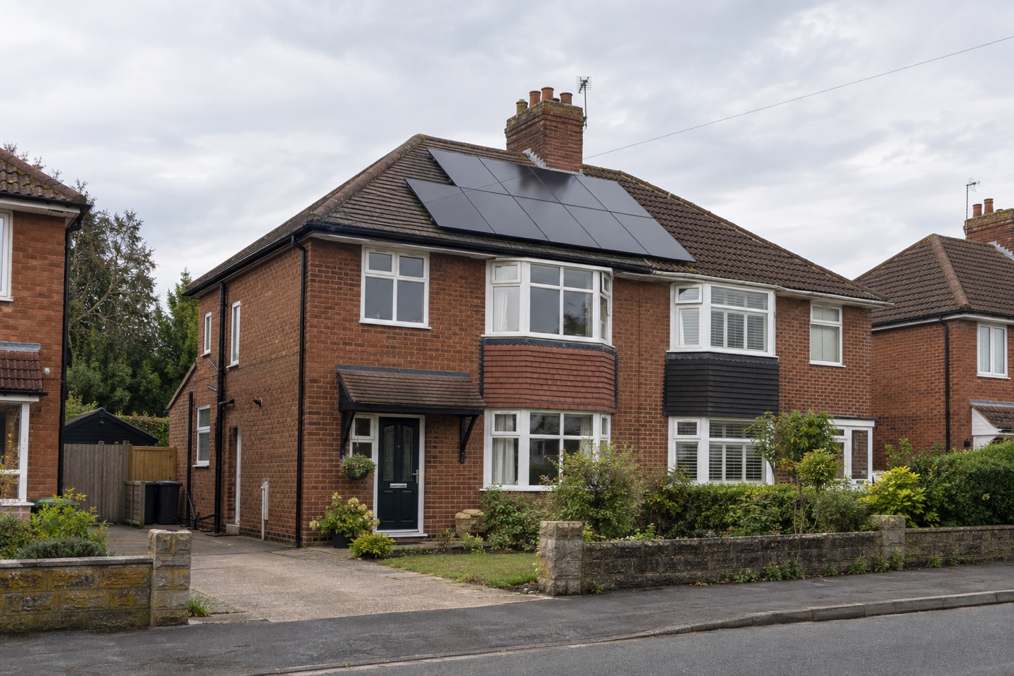 Black solar panels on a red-brick semi-detached British home under a bright overcast sky