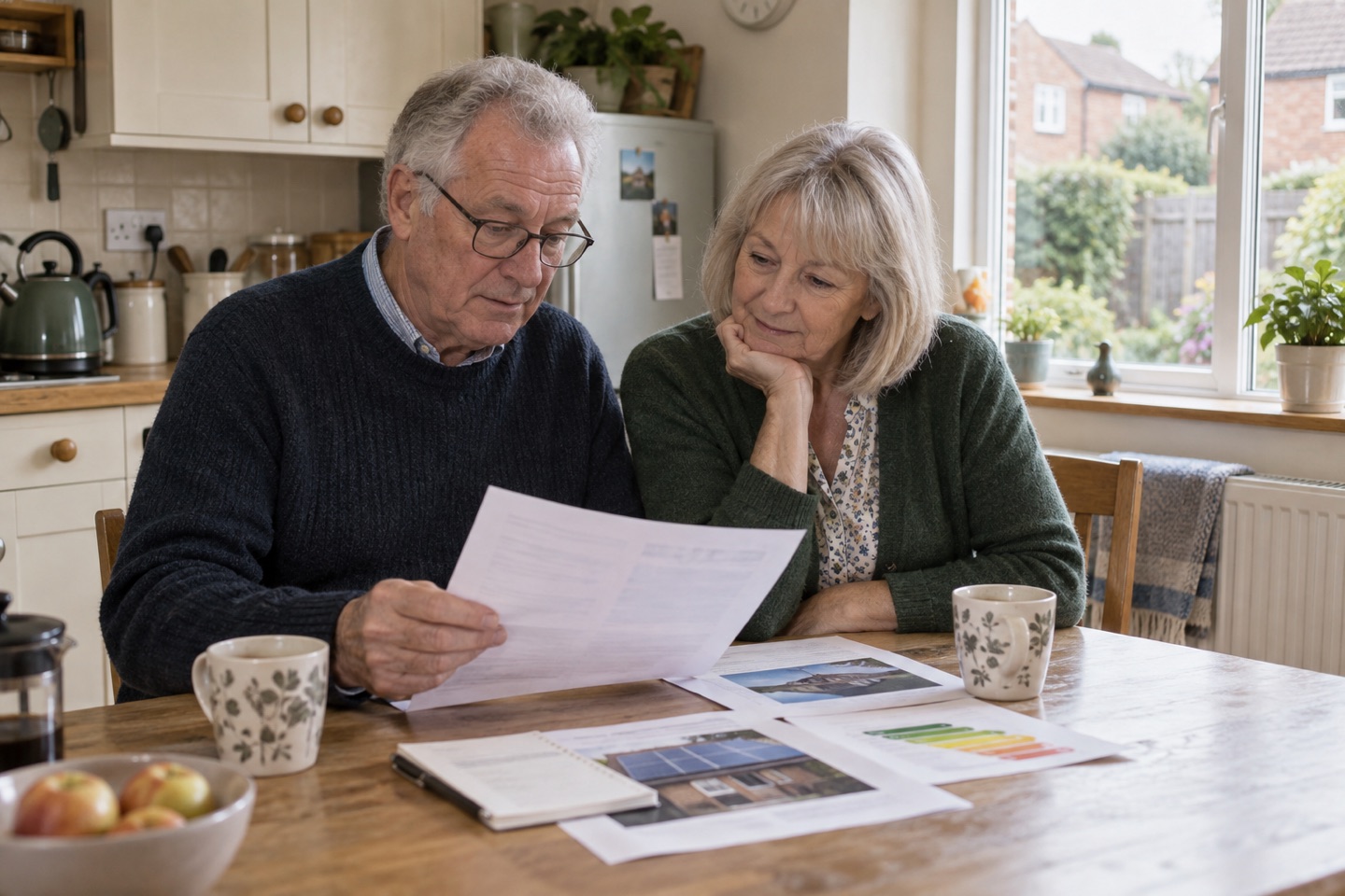 Older British homeowners reviewing a solar quotation together at their kitchen table