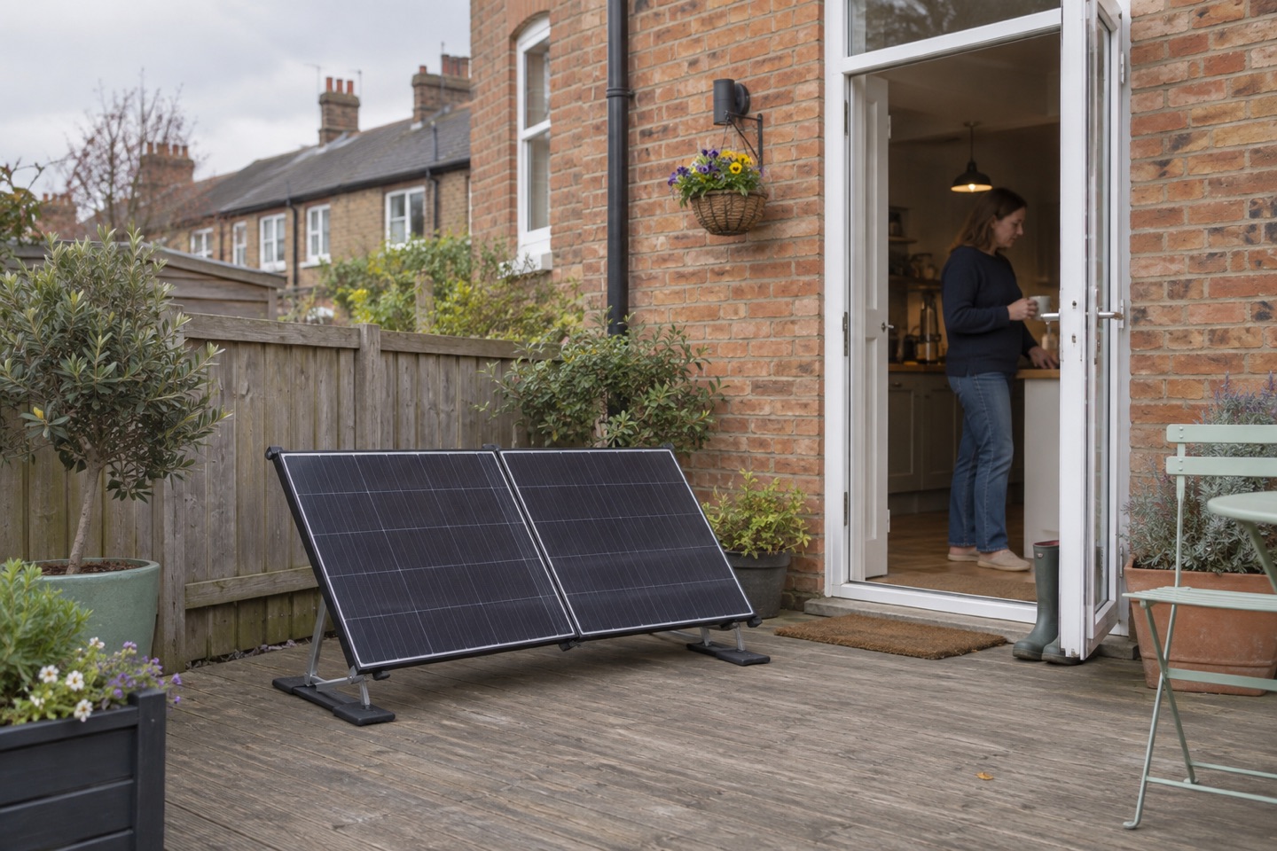 Two compact solar panels on a secure freestanding mount outside a British terraced home