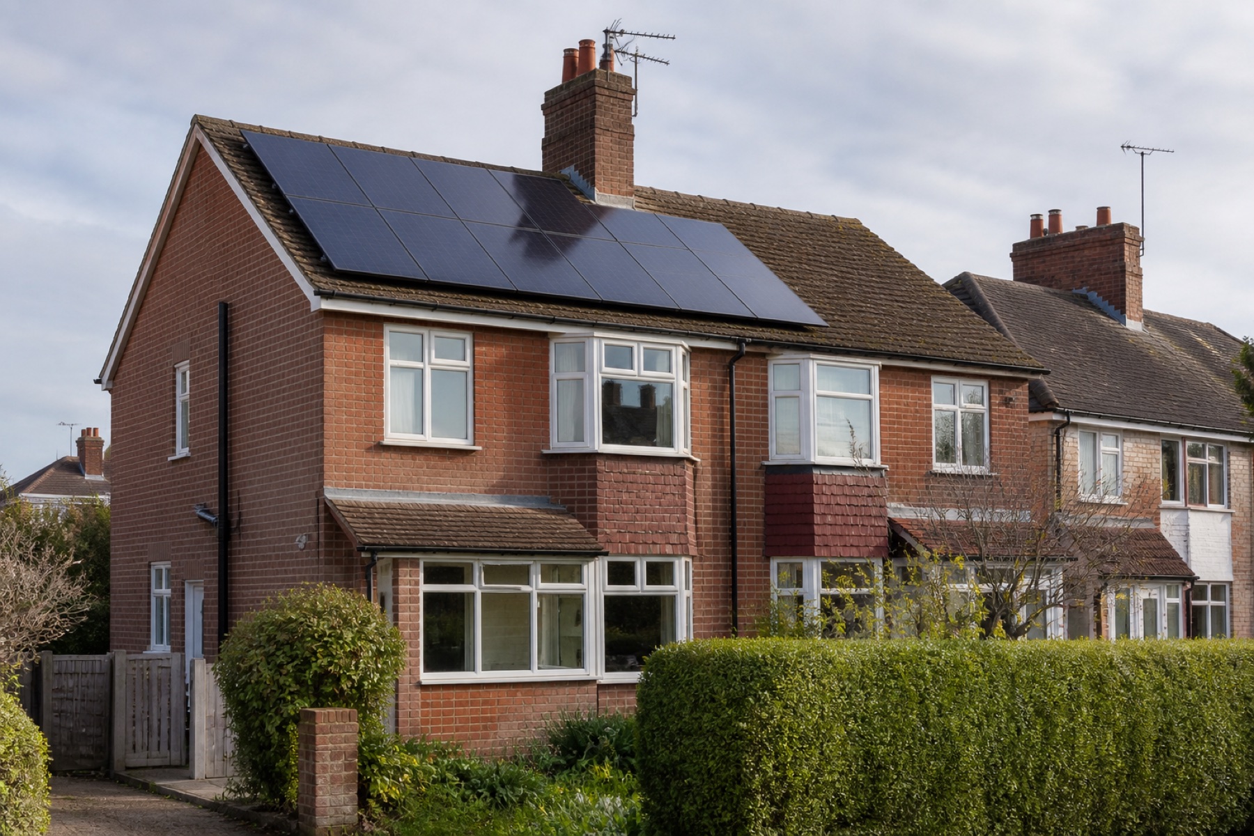Solar panels installed on a red-brick semi-detached home in the UK